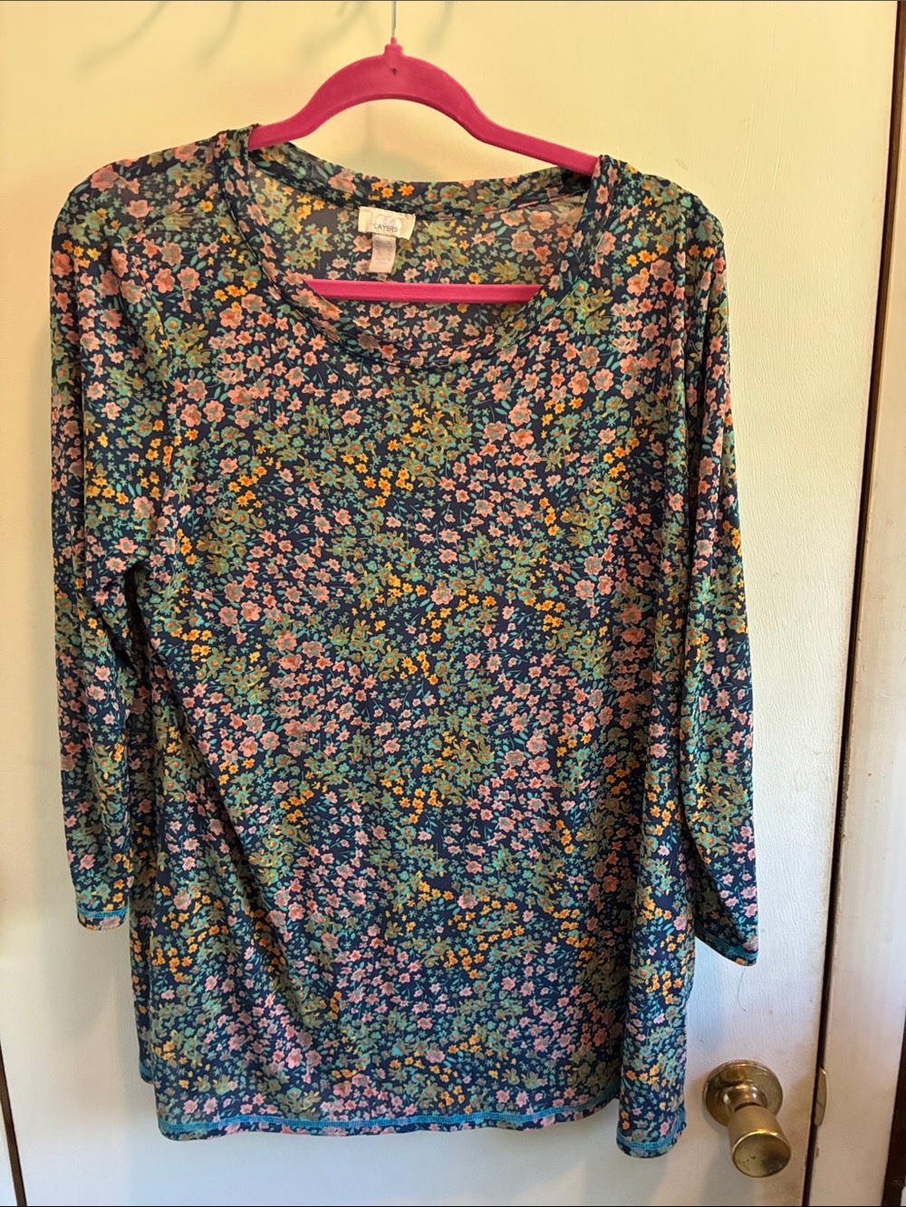 LOGO by Lori Goldstein mesh Navy Floral Long Sleeve Scoop Neck Top